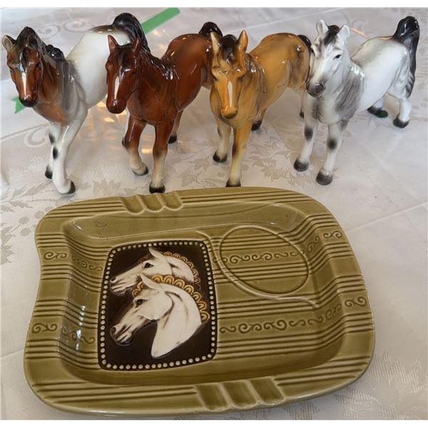 Ceramic Horse Figurines and Horse Motif Ashtray Set