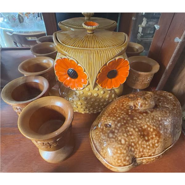 Owl Ceramic Cookie Jar, Ceramic Potato-Shaped Server, and 6 Wooden Goblets