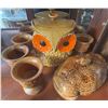 Image 1 : Owl Ceramic Cookie Jar, Ceramic Potato-Shaped Server, and 6 Wooden Goblets