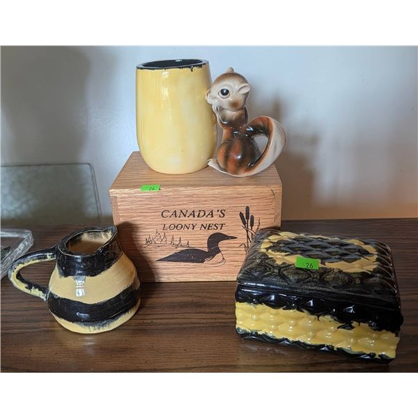 Loon Coin Bank with Coin Contents and Handmade Ceramics