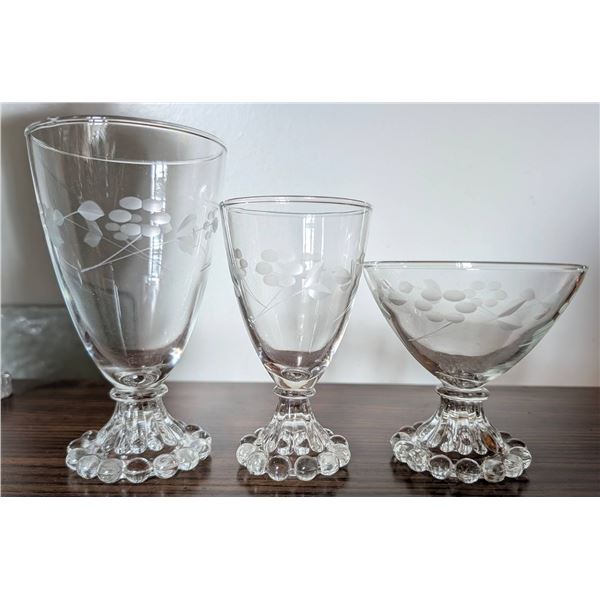 Etched Glass Goblets with Beaded Bases, 18 Pieces