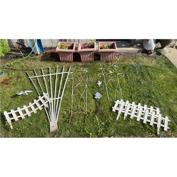 Metal Garden Trellises and Three Plastic Plant Pots