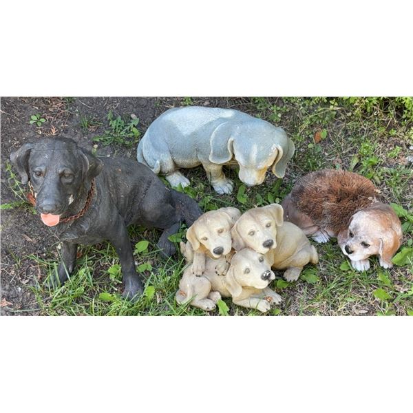 Five Dog Lawn Ornaments, Mixed Materials