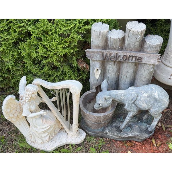 Garden Statues: Angel with Harp and Deer with Welcome Sign
