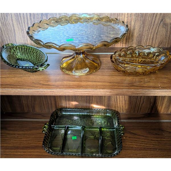 Amber and Green Depression Glass, 4 Pieces