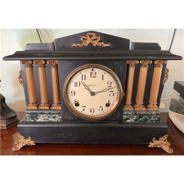 Ingraham Mantel Clock with Ornate Columns and Decorative Metal Accents