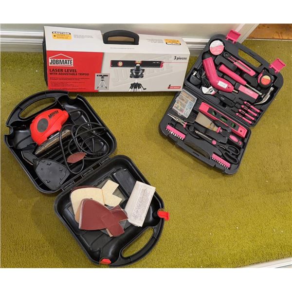 Apollo Pink Tool Set, Black & Decker Mouse Sander, and Jobmate Laser Level