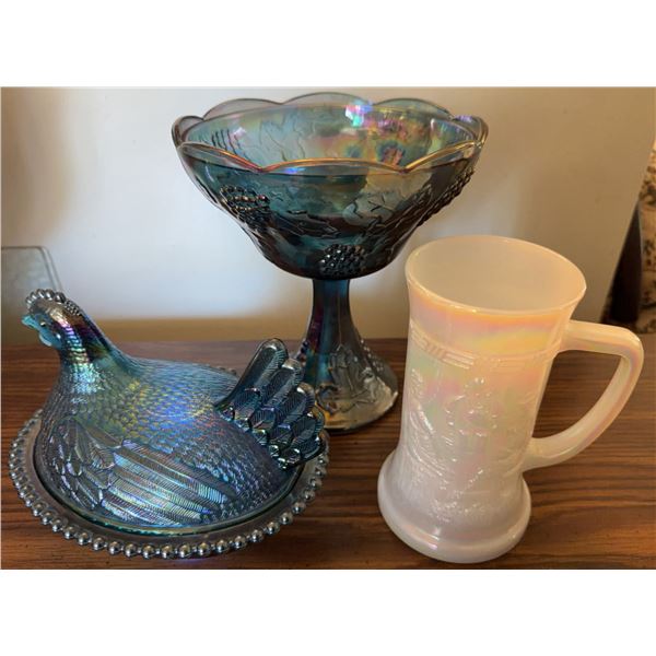 Three-Piece Carnival Glass Lot: Covered Hen Dish, Grape Pattern Compote, and Westmoreland Milk Glass