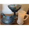 Image 1 : Three-Piece Carnival Glass Lot: Covered Hen Dish, Grape Pattern Compote, and Westmoreland Milk Glass