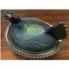 Image 2 : Three-Piece Carnival Glass Lot: Covered Hen Dish, Grape Pattern Compote, and Westmoreland Milk Glass