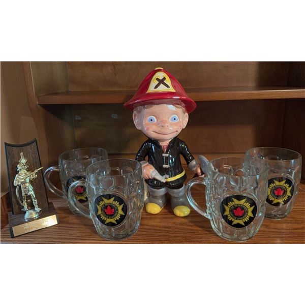 Firefighter Collectible Set with 1982 Trophy, Four Mugs, and Ceramic Figurine