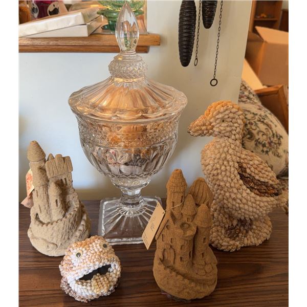 Sand Castles, Shell-Covered Duck, Crystal Jar with Shells