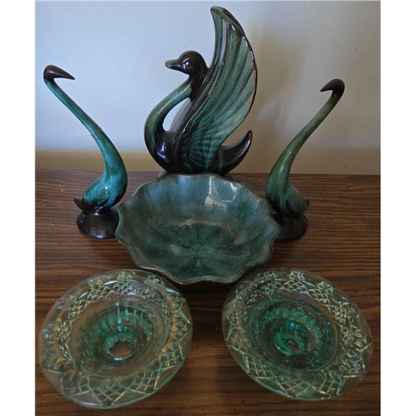 Green Ceramic Swans and Glass Bowls