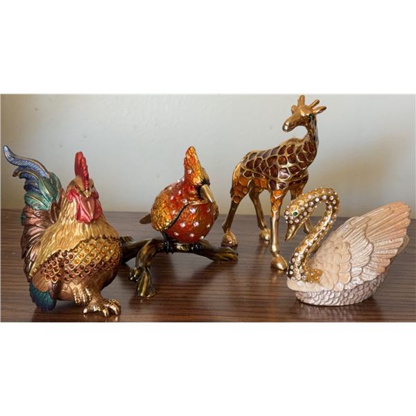 Four Enamel Animal Trinket Boxes with Rhinestone Accents