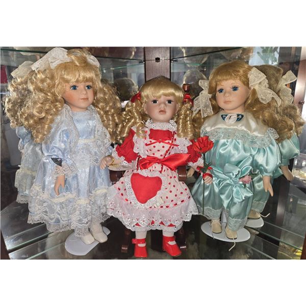 3 Blonde Porcelain Dolls in Lace and Satin Dresses