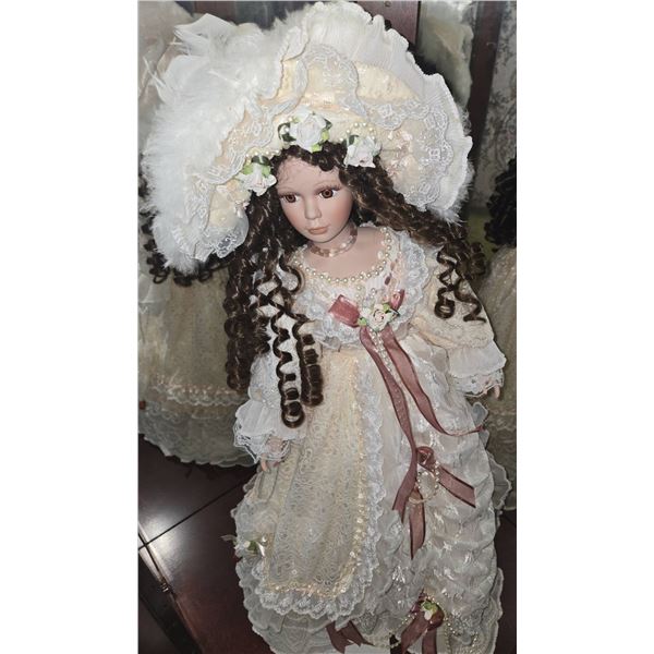 Porcelain Victorian-Style Doll with Lace Dress and Bonnet