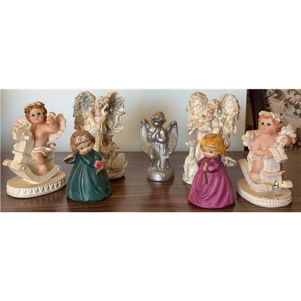 Angel Figurines and Bell Set, Ceramic and Metal, 7 Pieces