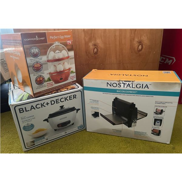 3 Small Kitchen Appliances: Bacon Express, Egg Maker, Rice Cooker