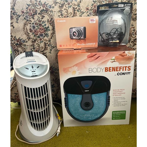 Canon PowerShot A2000 IS Bundle, Honeywell Air Purifier, Conair Foot Spa, Panasonic RP-HT59 Headset