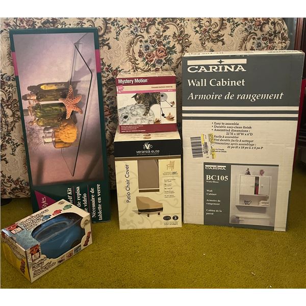 Household Lot With Carina Wall Cabinet, Glass Shelf, Petlinks Toy, Ultra Steel Tool Kit, Patio Chair