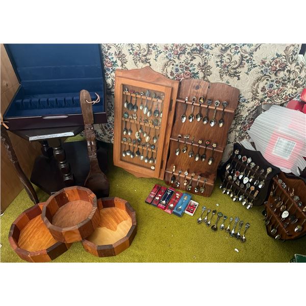 Souvenir Spoons With Racks, Wooden Bowls, and Table