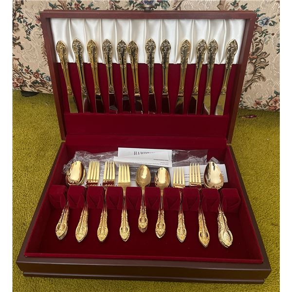 Hampton Silversmiths Gold-Toned Stainless Steel Flatware Set in Box
