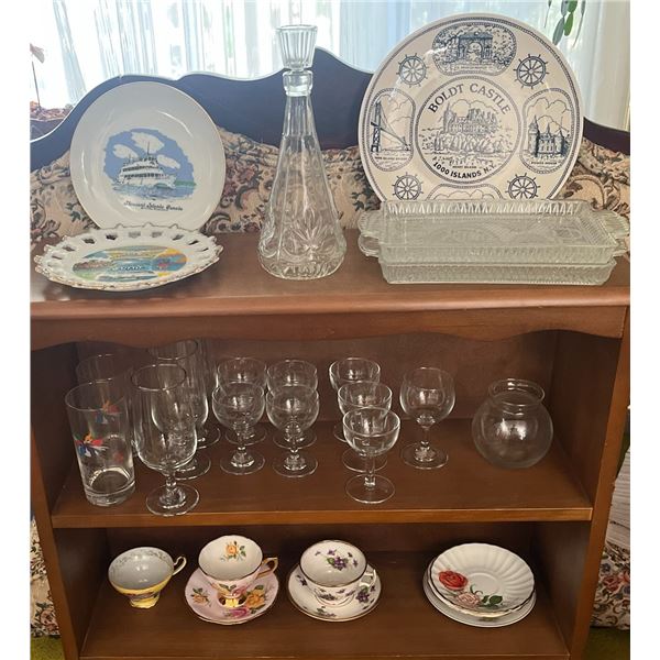 Glass and Ceramic Tableware Set Including Souvenir Plates and Decanter