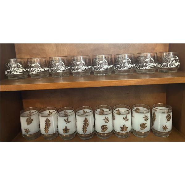 Libbey St. Clair Glass Sets with Winter and Leaf Motifs, Boxed