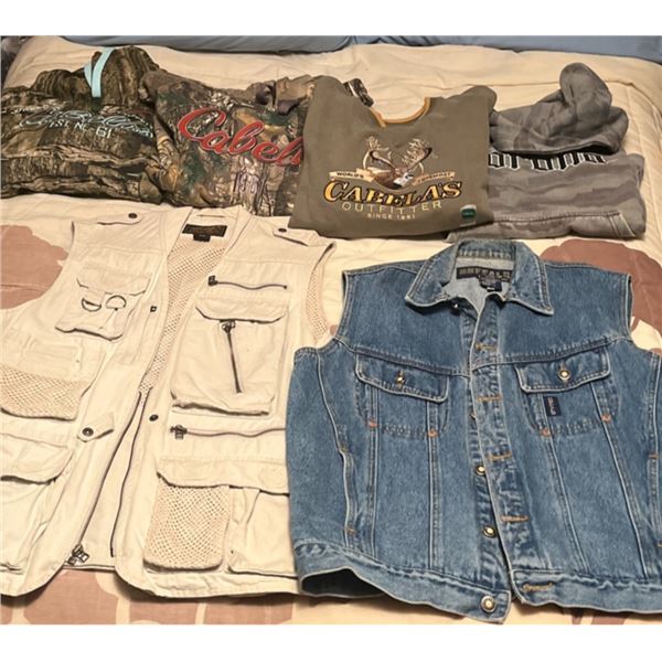 Outdoor Apparel Lot: Eddie Bauer Vest, Cuffalo Denim, Cabela's Hoodies, Corona Hoodie, Mammoet Bag
