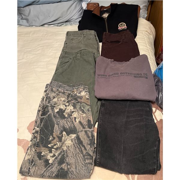 Men's Clothing Lot: Carhartt, Wrangler, Dakota, Wild River, Mullen Trucking Jacket