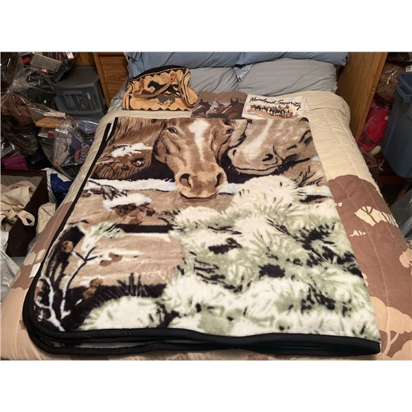 Horse Theme Fleece Blanket, 2 T-Shirts, and Canvas Tote Bag Lot