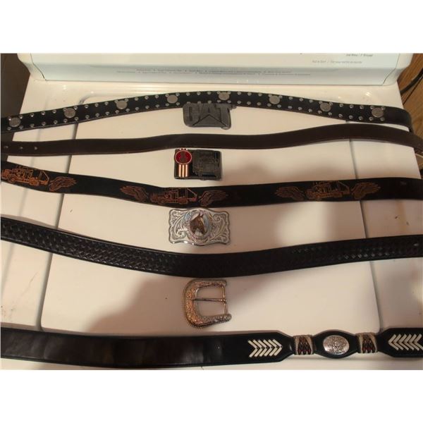5 Men's Leather Belts with Buckles Including CAT and Kenworth