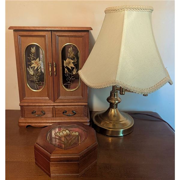 Wooden Jewelry Chest, Octagonal Box & Brass Lamp Set