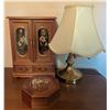 Image 1 : Wooden Jewelry Chest, Octagonal Box & Brass Lamp Set