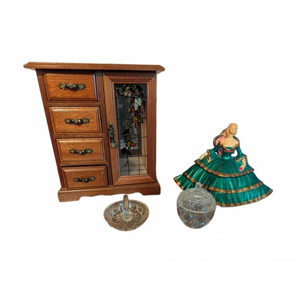 Wooden Jewelry Box, Lady Trinket Box, and Glass Containers