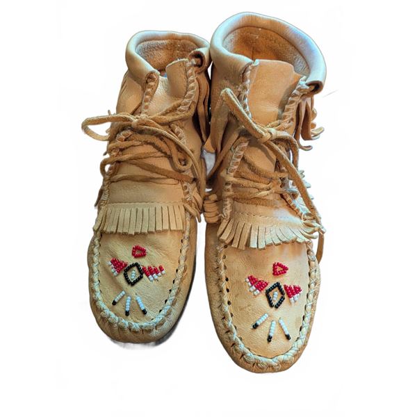 Tan Leather Beaded Moccasin Boots With Fringe And Rubber Soles