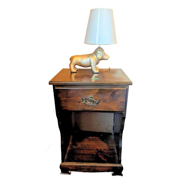 Wooden Nightstand With Drawer and Dog Lamp