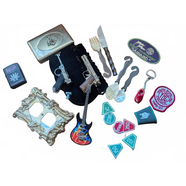 Mother Of Pearl and wood utensils, Cigarette Case, Lighters, Patches