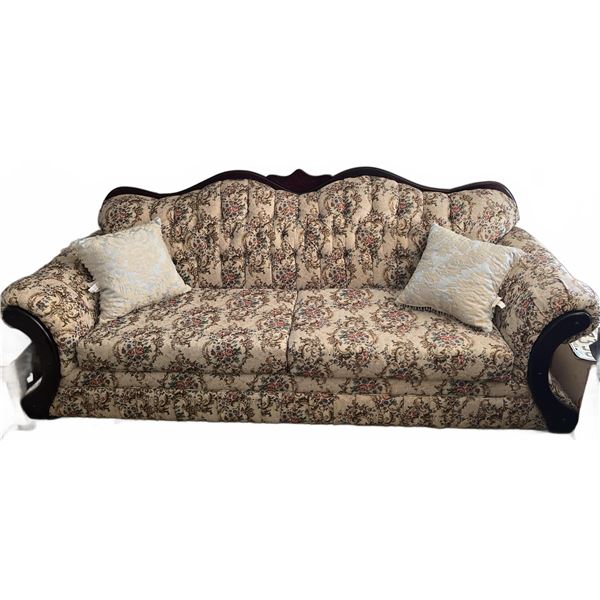 Upholstered Floral Sofa with Carved Wood Trim, 38x86x21 Inches