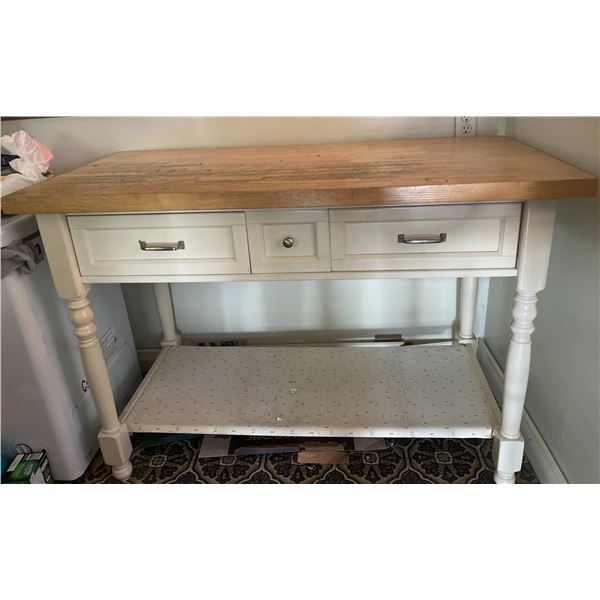 Wood Top White Kitchen Island and Blue Quilted Bar Stool