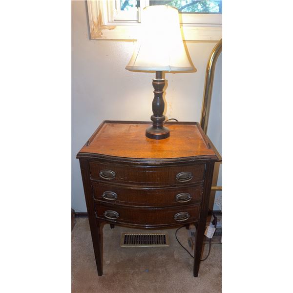 Wood Three-Drawer Side Table with Brass Pulls and Table Lamp