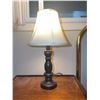 Image 4 : Wood Three-Drawer Side Table with Brass Pulls and Table Lamp