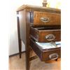 Image 8 : Wood Three-Drawer Side Table with Brass Pulls and Table Lamp