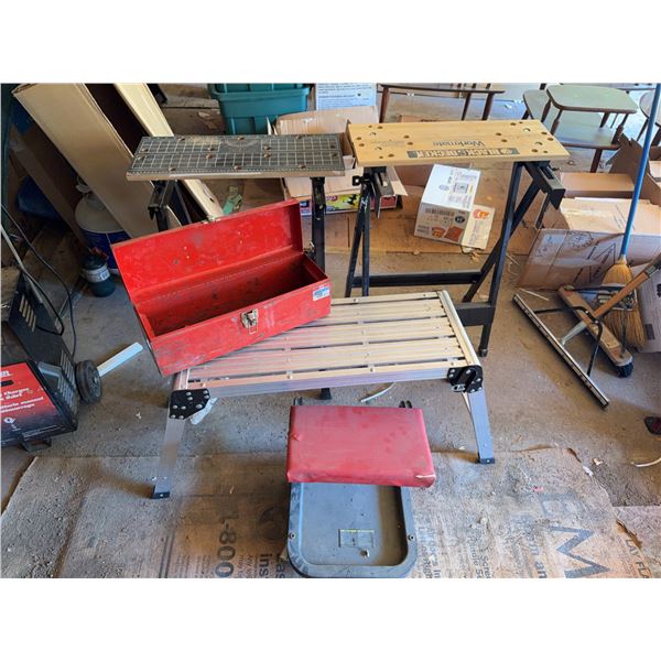 Workshop Tool Lot: Black & Decker Workmate, Step Platform, Toolbox, and Creeper