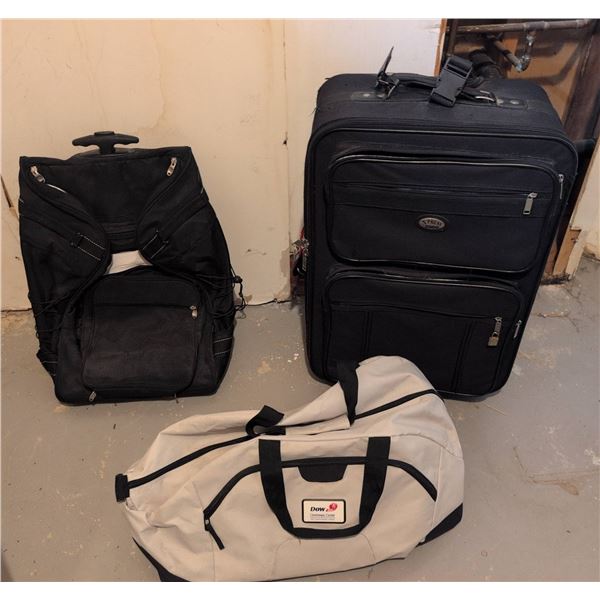 Three Travel Bags: Suitcase, Wheeled Bag, Duffel Bag