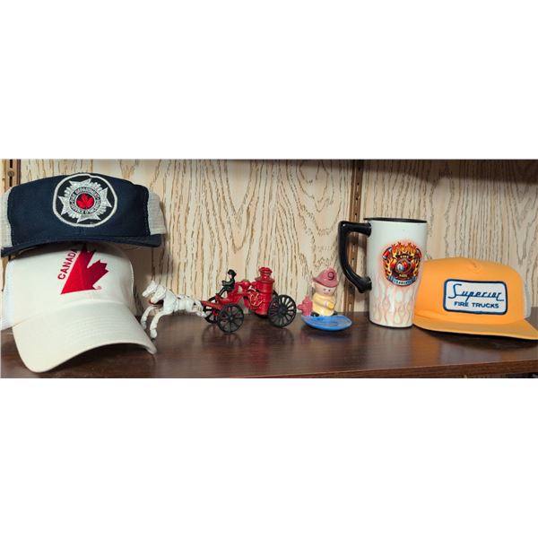 Firefighter Hats, Toy Fire Wagon, Mug, and Figurine Lot