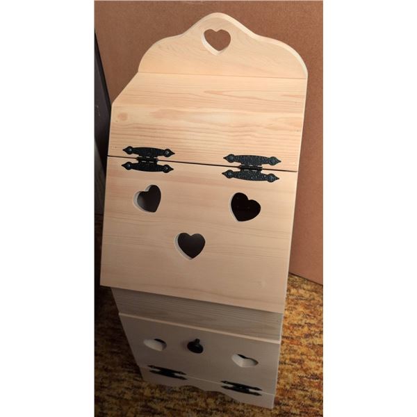 Wooden Bin Cabinet With Heart Cutouts and Pegboard Back