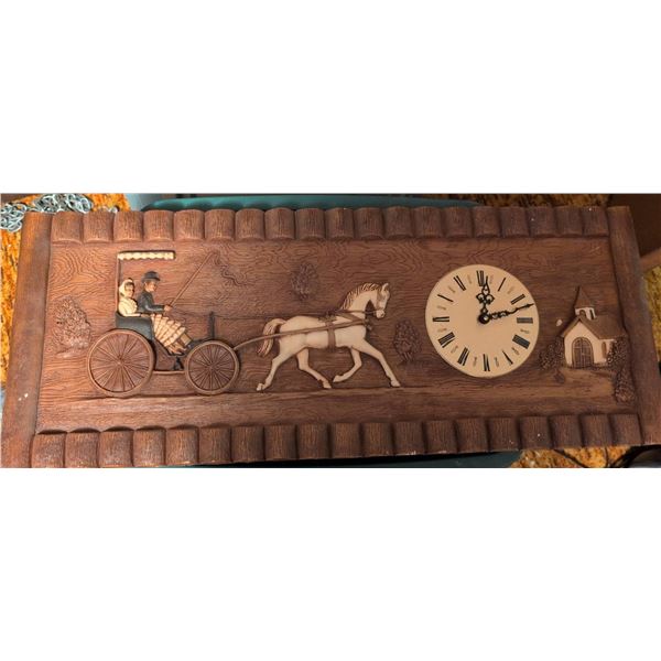 Rectangular Wall Clock With Horse and Carriage Relief