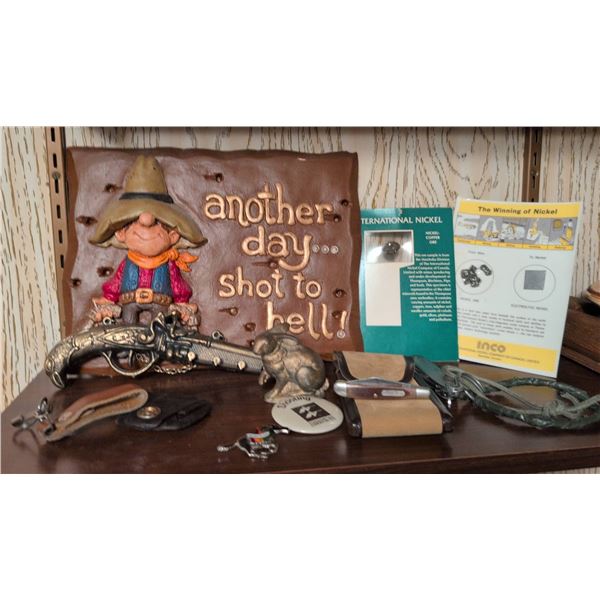Collectibles Including Plaque, Nickle Samples, and Replica Pistol