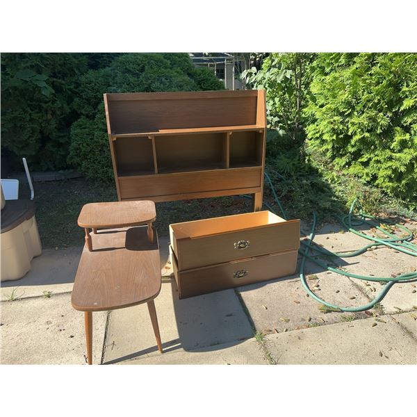 Wood Finish Headboard with Drawers and Step Side Table